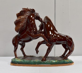 Pferdepaar in Barbotine, signiert R. Prunet - 1900 / 1920