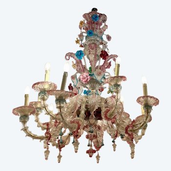 Murano chandelier "rezzonico" with blue and pink dominance, XXth century.