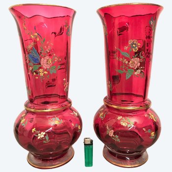 Large pair of glass vases enamelled decoration XIXth century