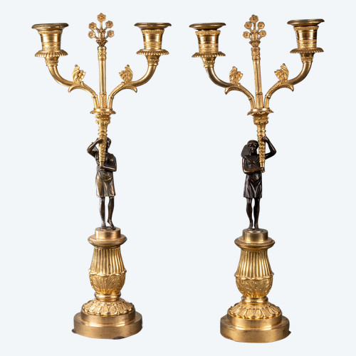 Pair Of Bronze Candlesticks, 19th Century