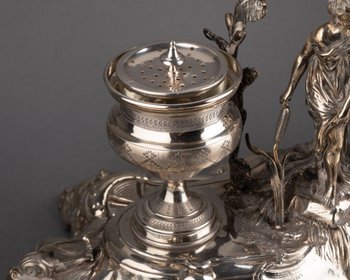Encrier En Argent Massif Figurant Psyché, XIXe Siècle