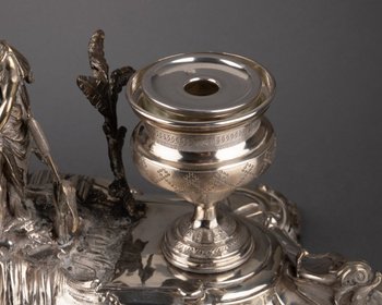 Encrier En Argent Massif Figurant Psyché, XIXe Siècle