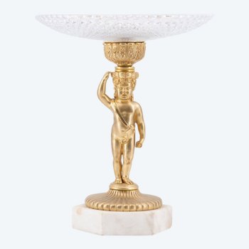 Coupe En Bronze Et Cristal Sur Socle En Marbre Blanc, XIXe Siècle