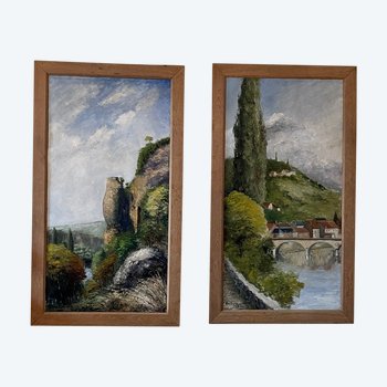 Diptych of landscapes of Dordogne and Perigord, dated 1928