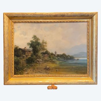 Painting on wood, the island of women, signed Sckell