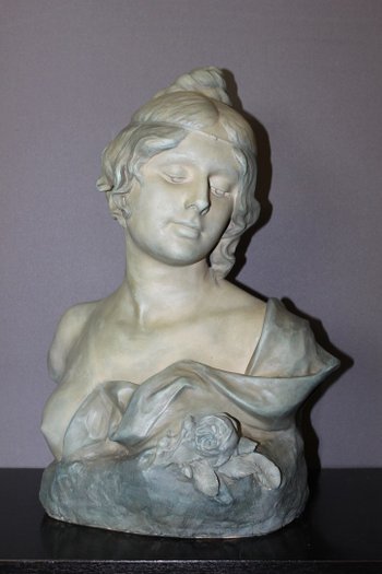 Buste De Jeune Femme En Céramique à Patine Bleu Vert Signé Bernstamm édition Emile Muller 