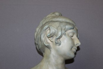 Buste De Jeune Femme En Céramique à Patine Bleu Vert Signé Bernstamm édition Emile Muller 