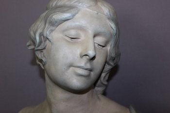 Buste De Jeune Femme En Céramique à Patine Bleu Vert Signé Bernstamm édition Emile Muller 