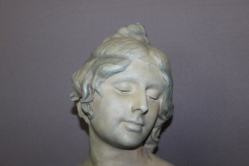 Buste De Jeune Femme En Céramique à Patine Bleu Vert Signé Bernstamm édition Emile Muller 