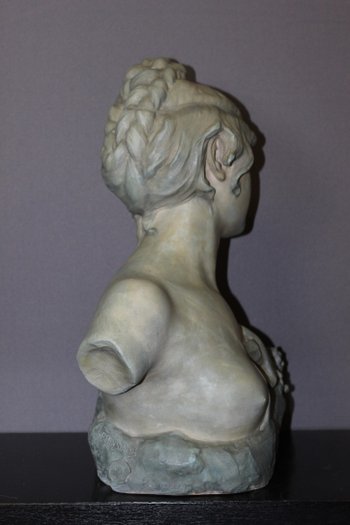 Buste De Jeune Femme En Céramique à Patine Bleu Vert Signé Bernstamm édition Emile Muller 