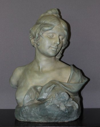 Buste De Jeune Femme En Céramique à Patine Bleu Vert Signé Bernstamm édition Emile Muller 