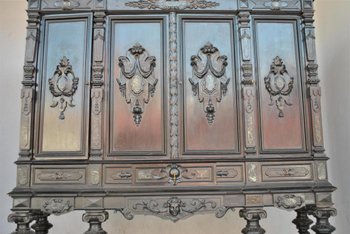Important Cabinet Bois Noirci Style Renaissance Colonnes XIXème