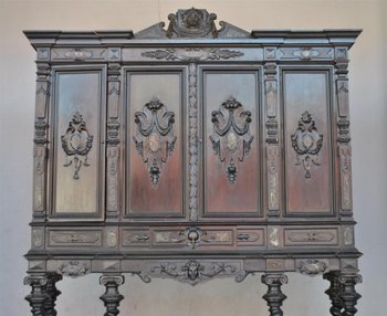 Important Cabinet Bois Noirci Style Renaissance Colonnes XIXème