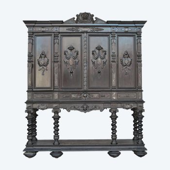Important Cabinet Bois Noirci Style Renaissance Colonnes XIXème