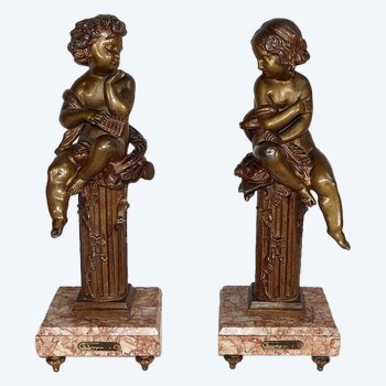 Coppia di statuette "La spensierata e il sognatore" di A. Moreau - Fine del XIX secolo