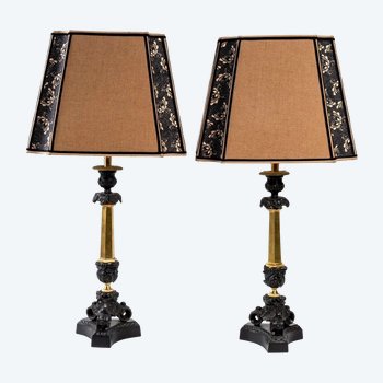 Pair Of Lamps - Candelabras Bronze Double Patina - Lampshades Fabric - Period : XIXth Century