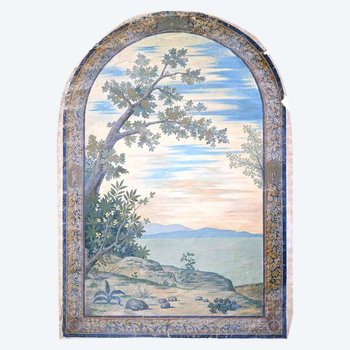 Large Painted Canvas Trompe l'oeil Late 19th Century Representing A Mediterranean Lake Landscape.