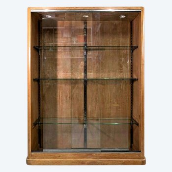 Vitrine De Magasin à Porte Glissante En Chêne époque 1930