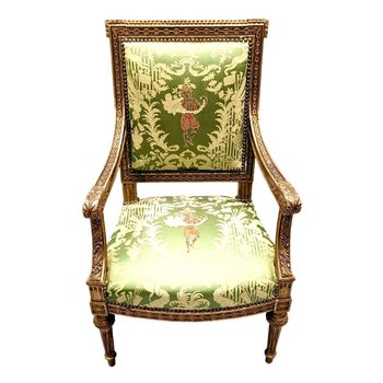 Poltrona In Legno Dorato Stile XIX Luigi XVI Rifoderata Con Un Tessuto Di Chez Rubelli