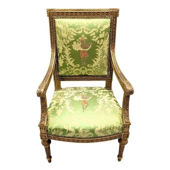 Poltrona In Legno Dorato Stile XIX Luigi XVI Rifoderata Con Un Tessuto Di Chez Rubelli