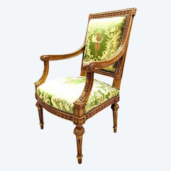 Armchair In Golden Wood XIX Louis XVI Style Reupholstered With A Fabric From Chez Rubelli