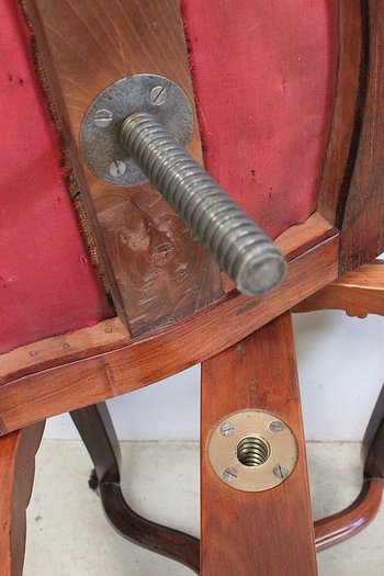 Blue Velvet and Rosewood Stool, Adjustable Height, Louis XV Style, Napoleon III Period - 19th Century