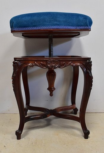 Blue Velvet and Rosewood Stool, Adjustable Height, Louis XV Style, Napoleon III Period - 19th Century