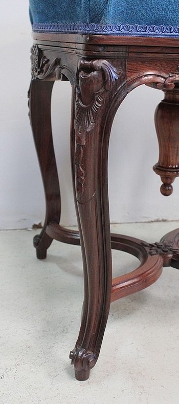 Blue Velvet and Rosewood Stool, Adjustable Height, Louis XV Style, Napoleon III Period - 19th Century