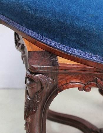 Blue Velvet and Rosewood Stool, Adjustable Height, Louis XV Style, Napoleon III Period - 19th Century