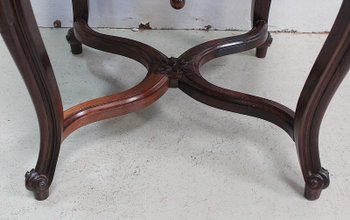 Blue Velvet and Rosewood Stool, Adjustable Height, Louis XV Style, Napoleon III Period - 19th Century