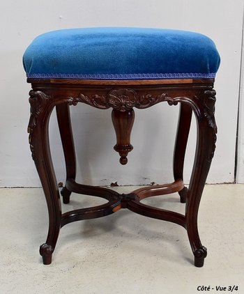 Blue Velvet and Rosewood Stool, Adjustable Height, Louis XV Style, Napoleon III Period - 19th Century
