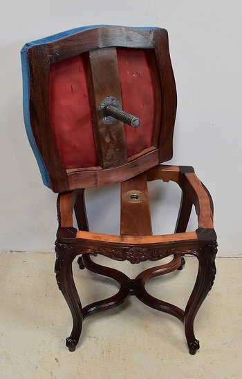 Blue Velvet and Rosewood Stool, Adjustable Height, Louis XV Style, Napoleon III Period - 19th Century