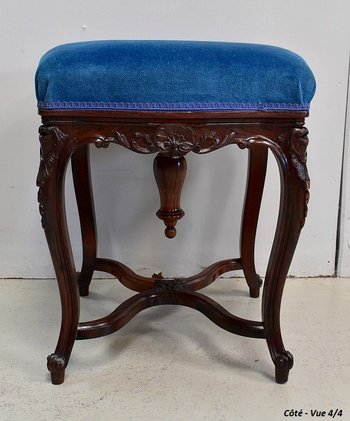 Blue Velvet and Rosewood Stool, Adjustable Height, Louis XV Style, Napoleon III Period - 19th Century