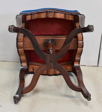 Blue Velvet and Rosewood Stool, Adjustable Height, Louis XV Style, Napoleon III Period - 19th Century