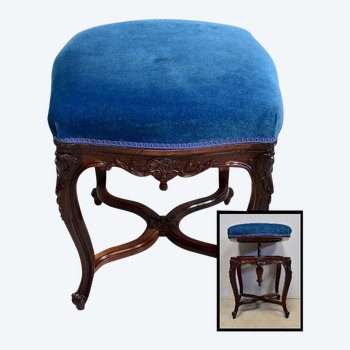 Tabouret en Velours Bleu et Palissandre, à hauteur Modulable, style Louis XV, époque Napoléon III – XIXe