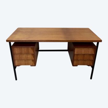 Scrivania impiallacciata in rovere e base in metallo - anni '40/'50