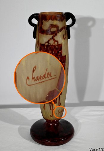 Paar Vasen aus „französischem Glas“, signiert Charder, Art Deco - 1927