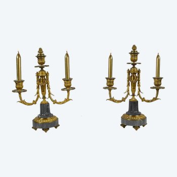 Pair of Bronze and Marble Candelabra - Mid 19th Century