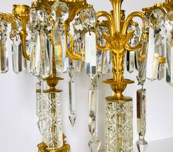 Coppia di candelieri candelabri in bronzo dorato e cristallo XIX