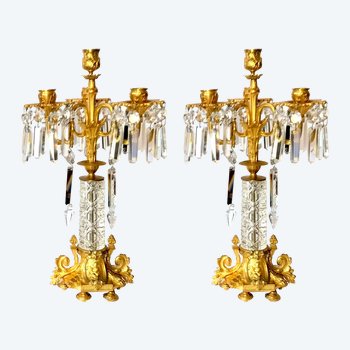 Paire de candélabres chandeliers en bronze doré et cristal 19ème