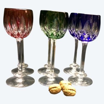 6 colored glasses marked Baccarat