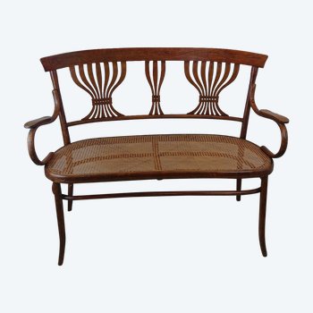 Banc banquette cannage et bois courbé Fischel + 4 chaises cannée zpm Radomsko 