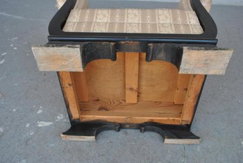 Coppia di poltrone Art Déco in legno annerito e seta