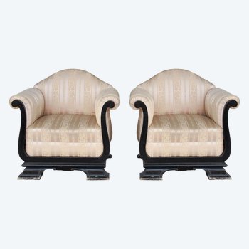 Paire De Fauteuil Art Deco Bois Noirci Et Soierie