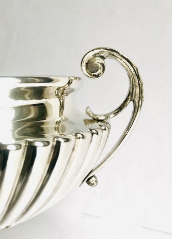 Centre de table coupe en faïence argenté et maillechort XXème