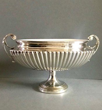 Centre de table coupe en faïence argenté et maillechort XXème