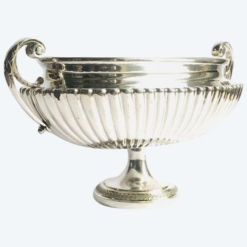 Centre de table coupe en faïence argenté et maillechort XXème