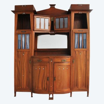 Grande credenza Art Nouveau in mogano con intarsi in ottone e osso