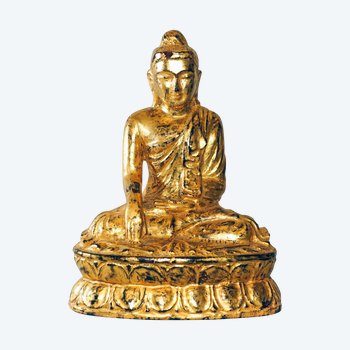 Buddha birmano in legno laccato e dorato a foglia d'oro