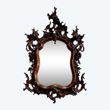 Solid walnut Rocaille mirror, Louis XV style - 1900